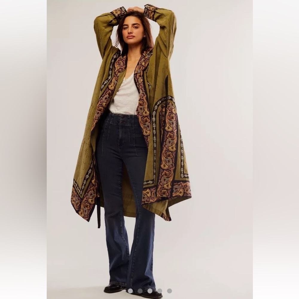 Free People Bali Somerset Duster Tie Printed Tapestry Embellished Olive Combo